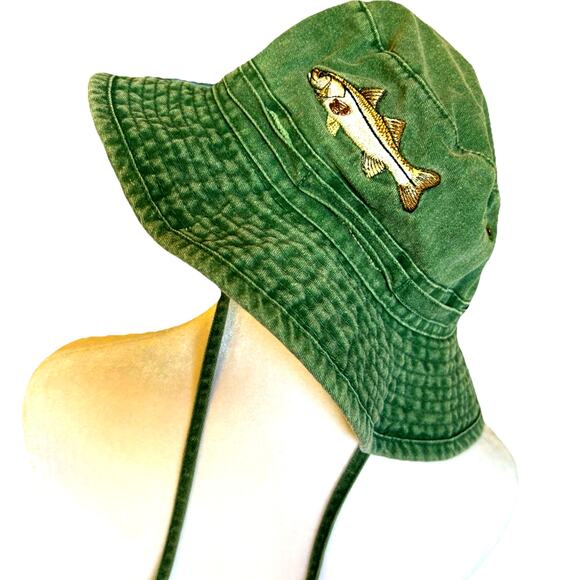 VTG Fishing Bucket Hat SNOOK Fish Embroidered 100% Cotton Faded Green Headwear M - Picture 5 of 8